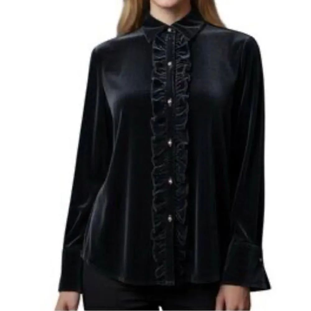 Lauren Ralph Lauren Black Velvet Tuxedo Ruffle Flare Cuff Button Up Blouse